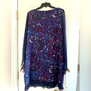 Tory Burch Navy Print Sheer Sleeves Ruffle Pleated Shift Dress Size 12